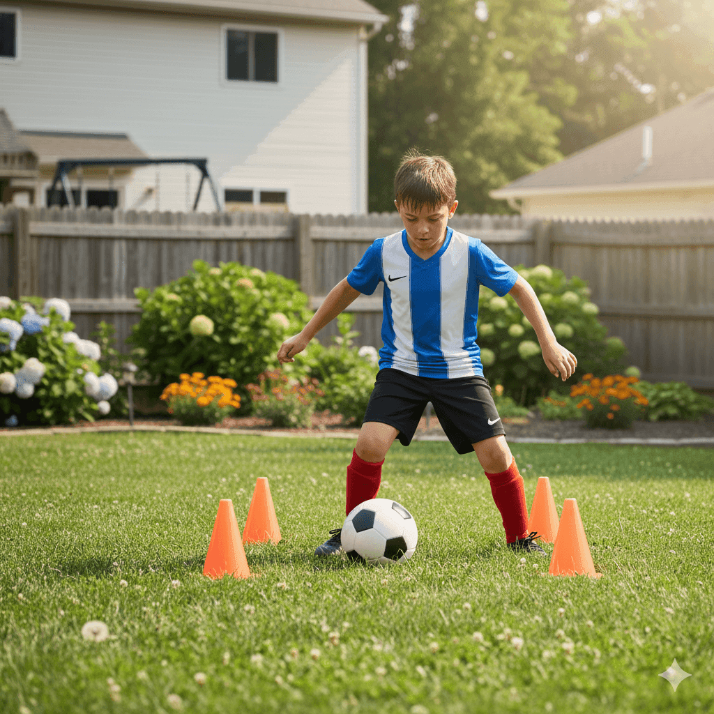 Young soccer player training