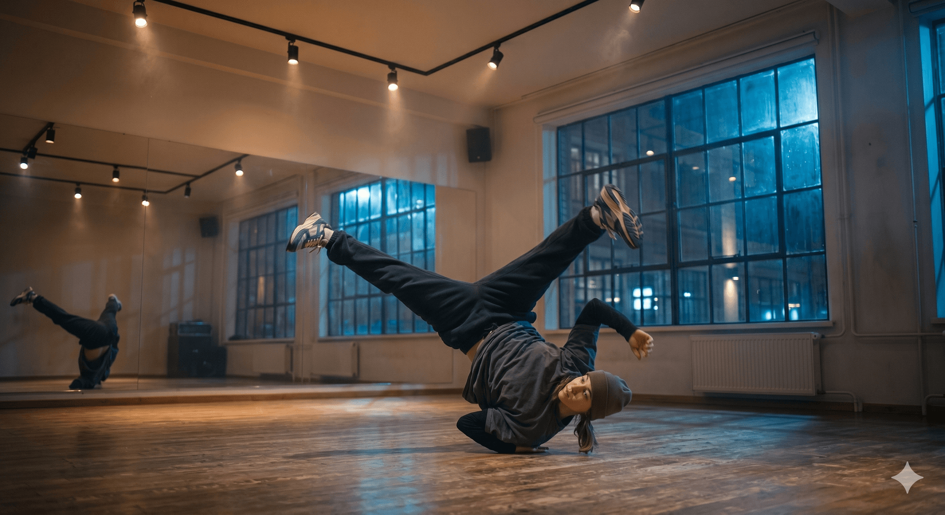 Live camera feed showing dancer mid-flip