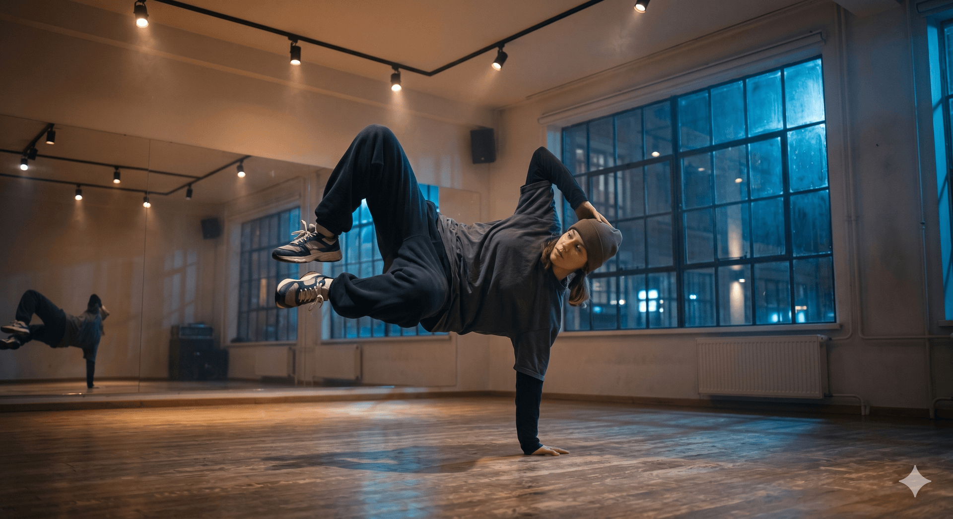 Dancer performing a freeze move — reviewing playback